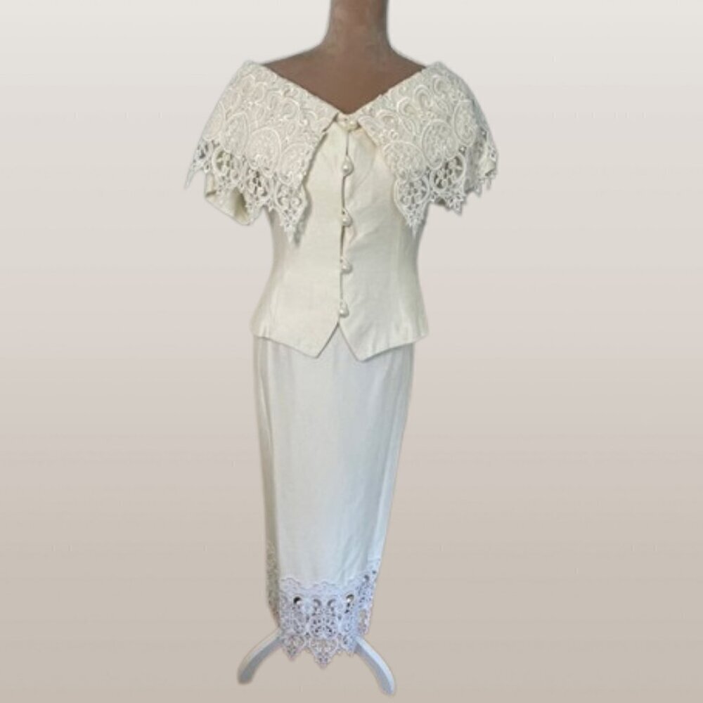 Jessica McClintock Vintage 90’s Ivory Lace Pearl Skirt Suit Bridal Shower Medium